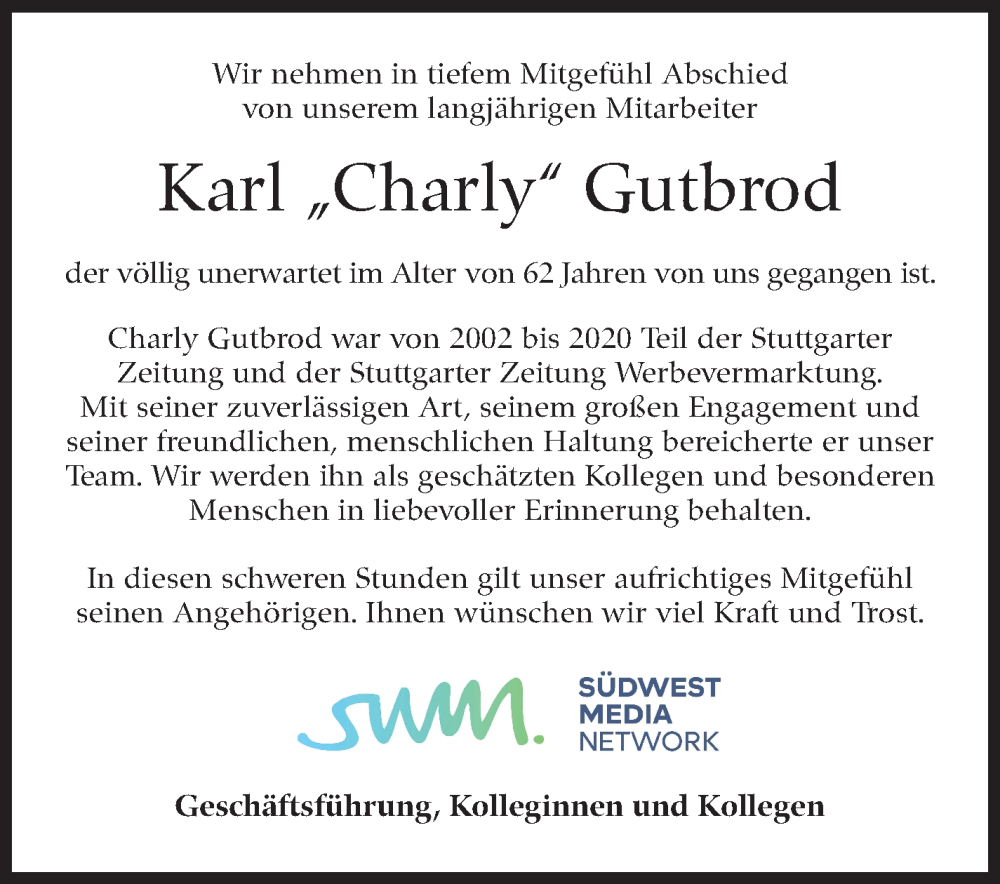  Traueranzeige für Karl Gutbrod vom 06.12.2025 aus Stuttgarter Zeitung / Stuttgarter Nachrichten