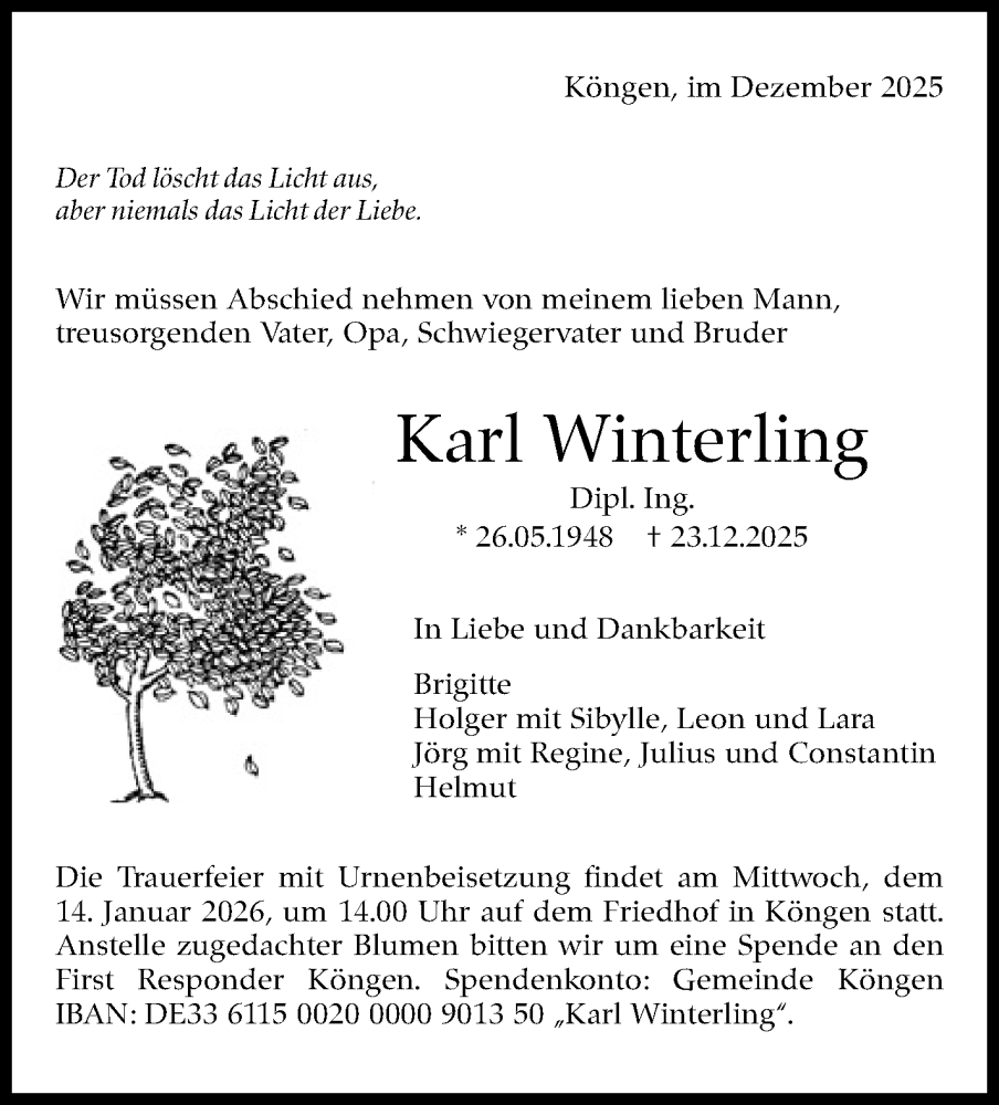  Traueranzeige für Karl Winterling vom 02.01.2026 aus Eßlinger Zeitung