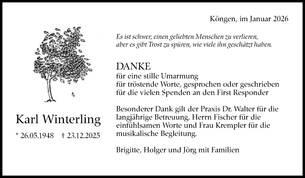  Traueranzeige für Karl Winterling vom 30.01.2026 aus Eßlinger Zeitung