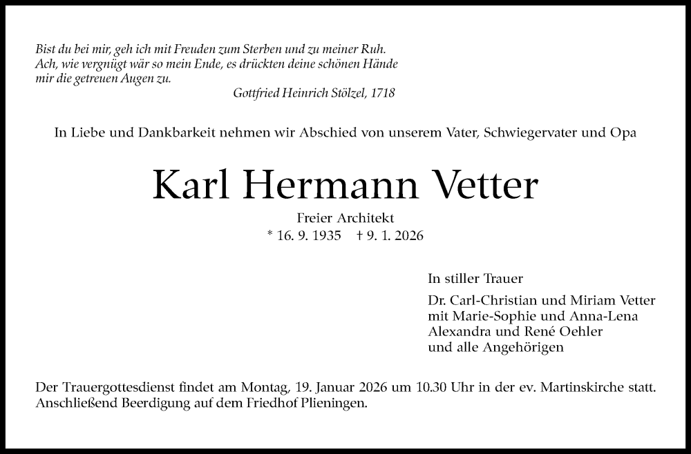  Traueranzeige für Karl Hermann Vetter vom 17.01.2026 aus Stuttgarter Zeitung / Stuttgarter Nachrichten