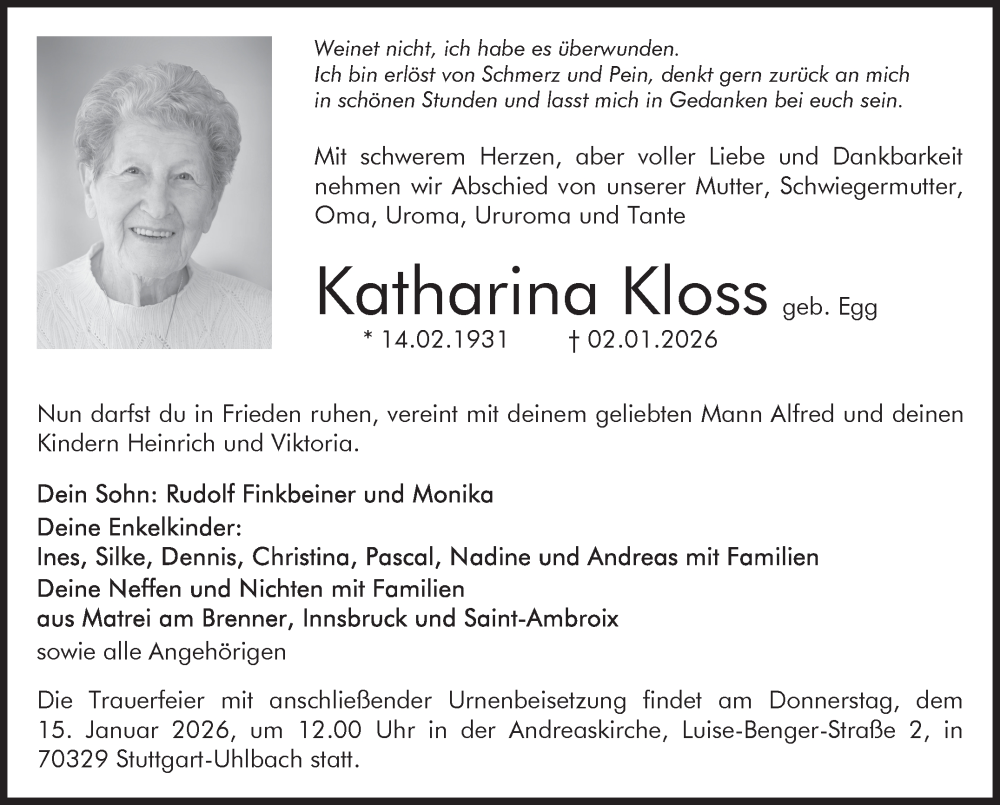  Traueranzeige für Katharina Kloss vom 10.01.2026 aus Stuttgarter Zeitung / Stuttgarter Nachrichten
