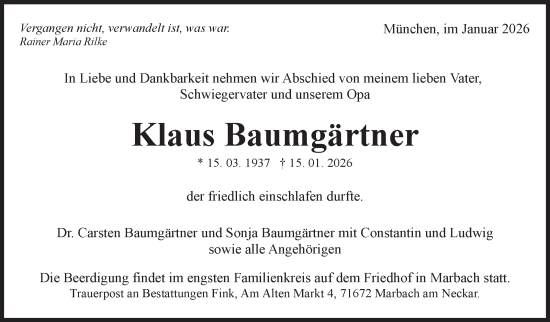 Traueranzeige von Klaus Baumgärtner von Marbacher Zeitung