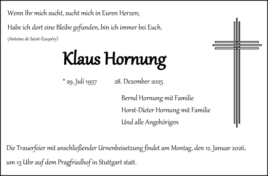 Traueranzeige von Klaus Hornung von Stuttgarter Zeitung / Stuttgarter Nachrichten