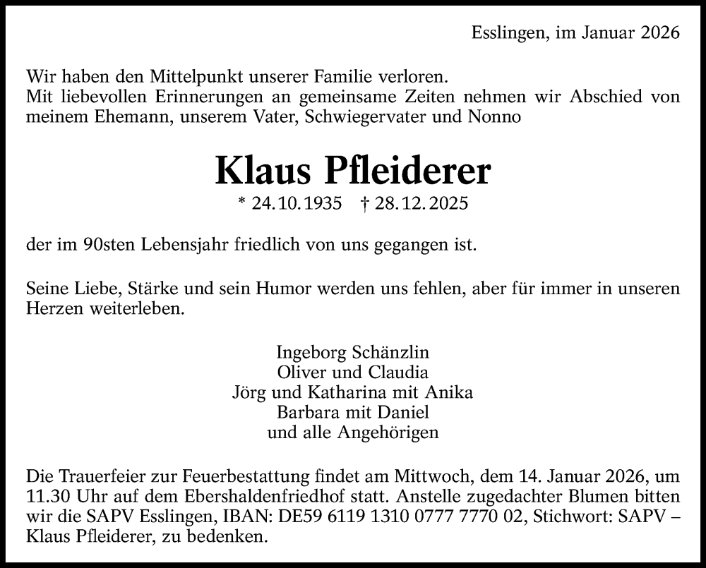  Traueranzeige für Klaus Pfleiderer vom 03.01.2026 aus Stuttgarter Zeitung / Stuttgarter Nachrichten
