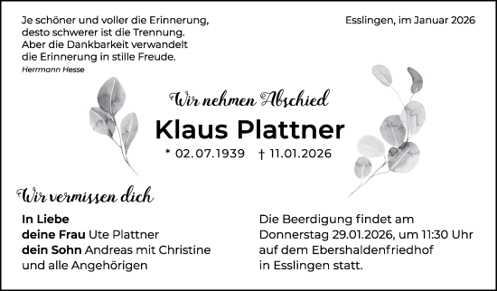 Traueranzeige von Klaus Plattner von Eßlinger Zeitung