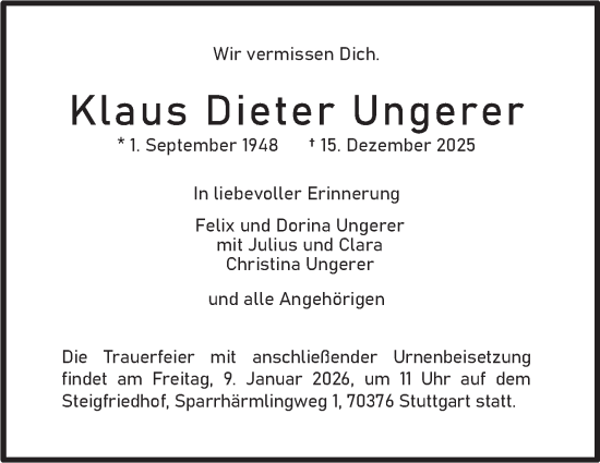 Traueranzeige von Klaus Dieter Ungerer von Stuttgarter Zeitung / Stuttgarter Nachrichten