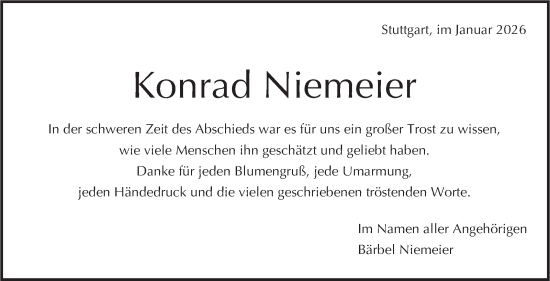 Traueranzeige von Konrad Niemeier von Stuttgarter Zeitung / Stuttgarter Nachrichten