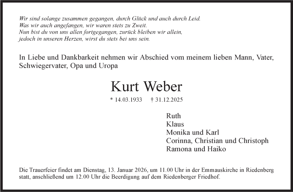  Traueranzeige für Kurt Weber vom 09.01.2026 aus Stuttgarter Zeitung / Stuttgarter Nachrichten