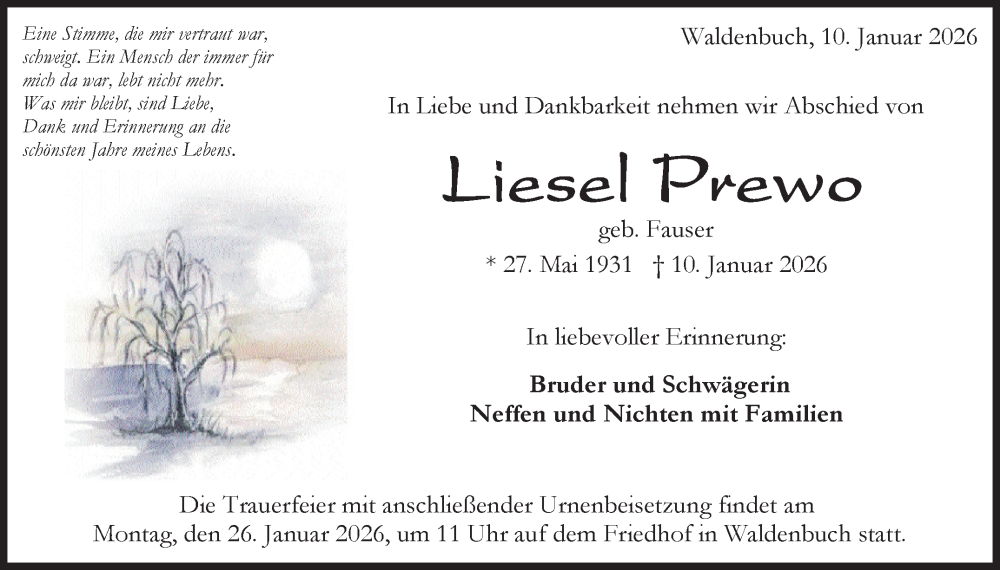  Traueranzeige für Liesel Prewo vom 24.01.2026 aus Kreiszeitung Böblinger Bote