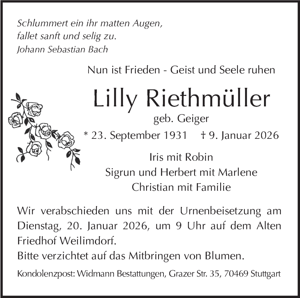  Traueranzeige für Lilly Riethmüller vom 15.01.2026 aus Stuttgarter Zeitung / Stuttgarter Nachrichten