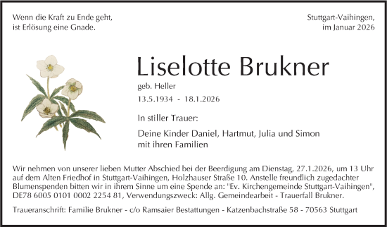 Traueranzeige von Liselotte Brukner von Stuttgarter Zeitung / Stuttgarter Nachrichten