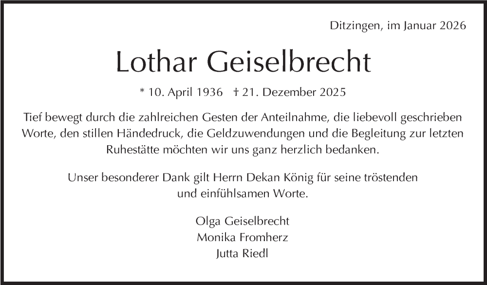  Traueranzeige für Lothar Geiselbrecht vom 29.01.2026 aus Leonberger Kreiszeitung / Strohgäu Extra