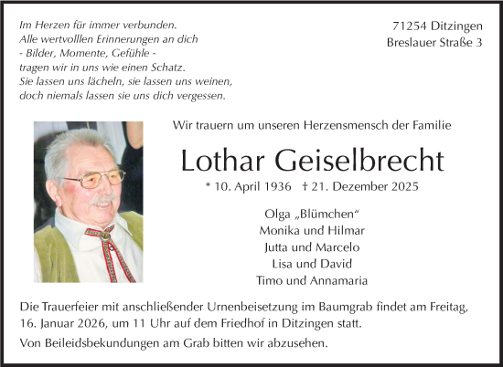 Traueranzeige von Lothar Geiselbrecht von Leonberger Kreiszeitung / Strohgäu Extra