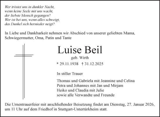 Traueranzeige von Luise Beil von Stuttgarter Zeitung / Stuttgarter Nachrichten