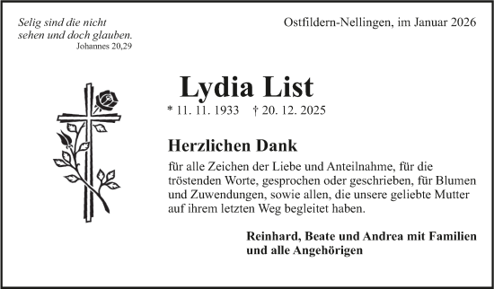Traueranzeige von Lydia List von Eßlinger Zeitung
