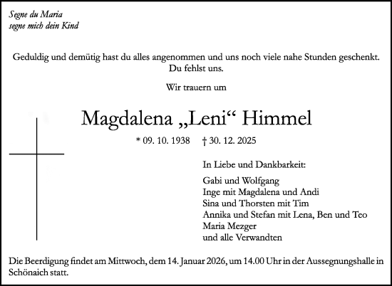 Traueranzeige von Magdalena Himmel von Kreiszeitung Böblinger Bote