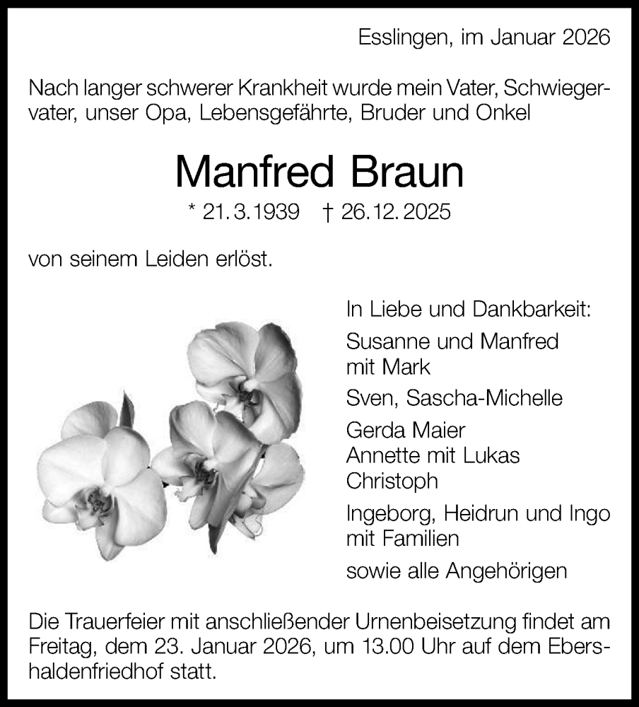  Traueranzeige für Manfred Braun vom 03.01.2026 aus Eßlinger Zeitung