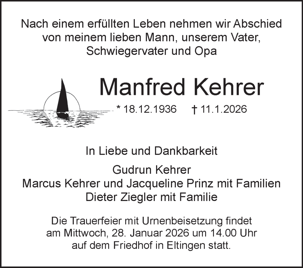  Traueranzeige für Manfred Kehrer vom 24.01.2026 aus Leonberger Kreiszeitung / Strohgäu Extra