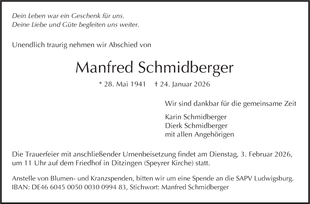  Traueranzeige für Manfred Schmidberger vom 31.01.2026 aus Stuttgarter Zeitung / Stuttgarter Nachrichten