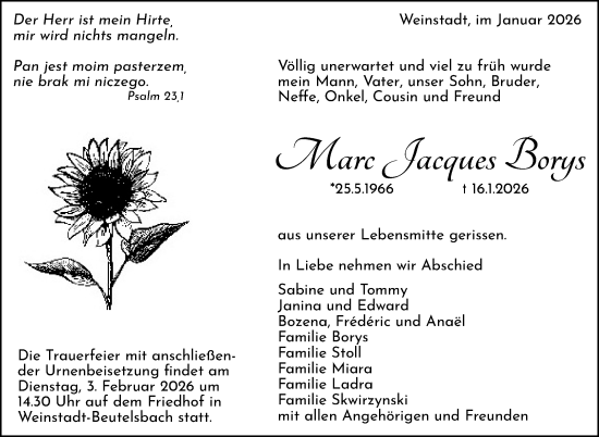Traueranzeige von Marc Jacques Borys von Stuttgarter Zeitung / Stuttgarter Nachrichten