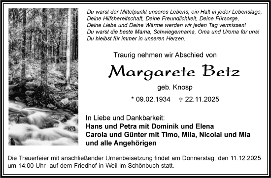Traueranzeige von Margarete Betz von Kreiszeitung Böblinger Bote