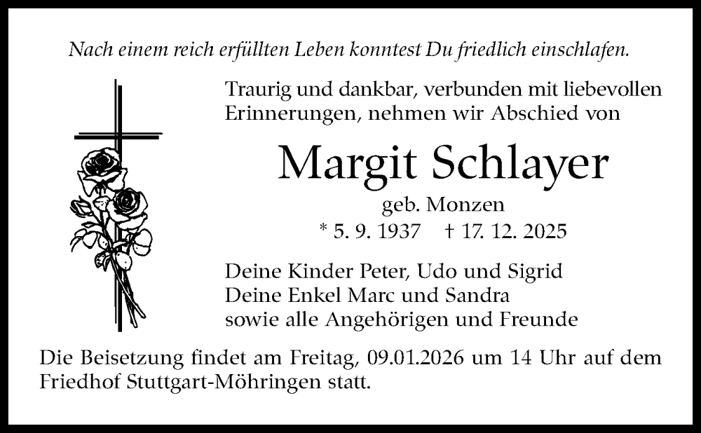  Traueranzeige für Margit Schlayer vom 03.01.2026 aus Stuttgarter Zeitung / Stuttgarter Nachrichten