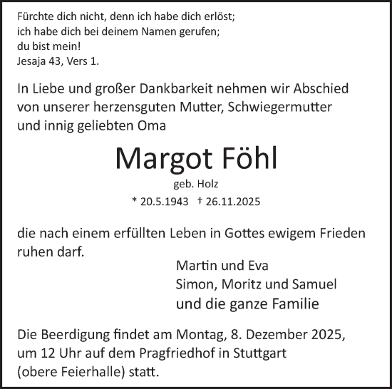 Traueranzeige von Margot Föhl von Stuttgarter Zeitung / Stuttgarter Nachrichten