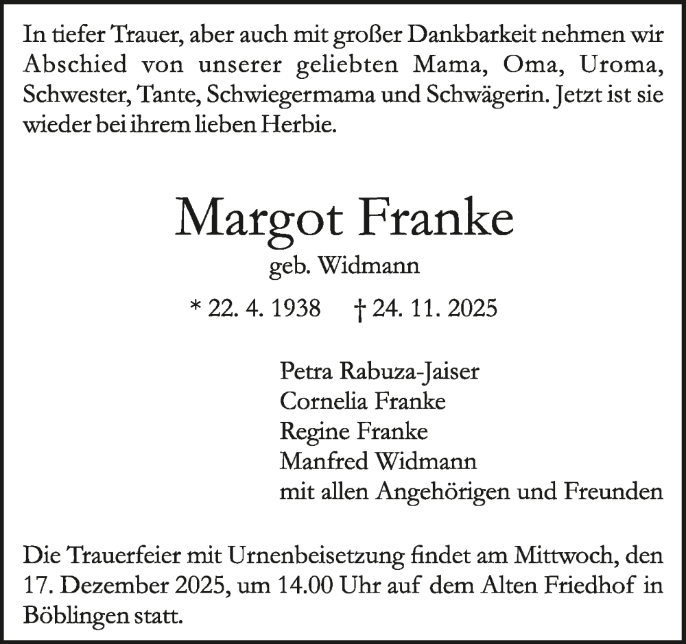  Traueranzeige für Margot Franke vom 05.12.2025 aus Kreiszeitung Böblinger Bote