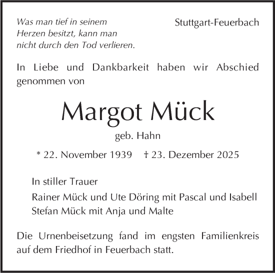Traueranzeige von Margot Mück von Stuttgarter Zeitung / Stuttgarter Nachrichten