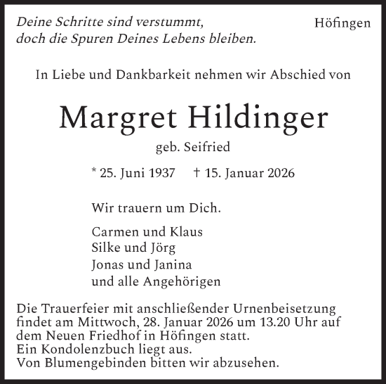 Traueranzeige von Margret Hildinger von Leonberger Kreiszeitung / Strohgäu Extra