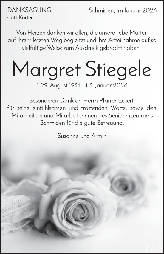Traueranzeige von Margret Stiegele von Stuttgarter Zeitung / Stuttgarter Nachrichten