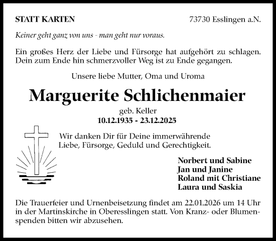 Traueranzeige von Marguerite Schlichenmaier von Eßlinger Zeitung