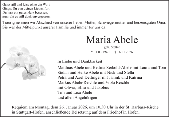Traueranzeige von Maria Abele von Stuttgarter Zeitung / Stuttgarter Nachrichten