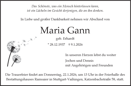 Traueranzeige von Maria Gann von Stuttgarter Zeitung / Stuttgarter Nachrichten