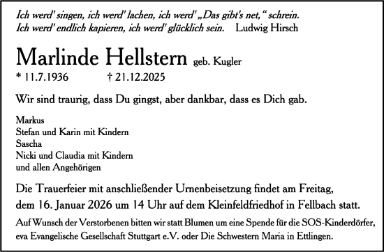 Traueranzeige von Marlinde Hellstern von Stuttgarter Zeitung / Stuttgarter Nachrichten