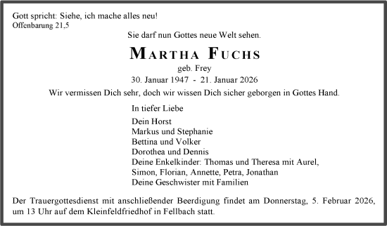Traueranzeige von Martha Fuchs von Stuttgarter Zeitung / Stuttgarter Nachrichten