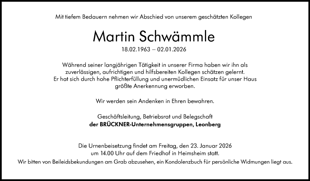  Traueranzeige für Martin Schwämmle vom 19.01.2026 aus Leonberger Kreiszeitung / Strohgäu Extra