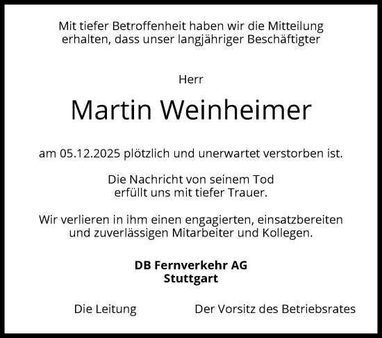Traueranzeige von Martin Weinheimer von Stuttgarter Zeitung / Stuttgarter Nachrichten