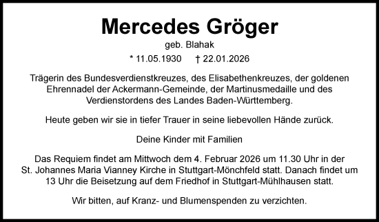 Traueranzeige von Mercedes Gröger von Stuttgarter Zeitung / Stuttgarter Nachrichten