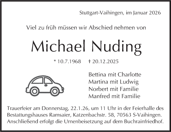 Traueranzeige von Michael Nuding von Stuttgarter Zeitung / Stuttgarter Nachrichten