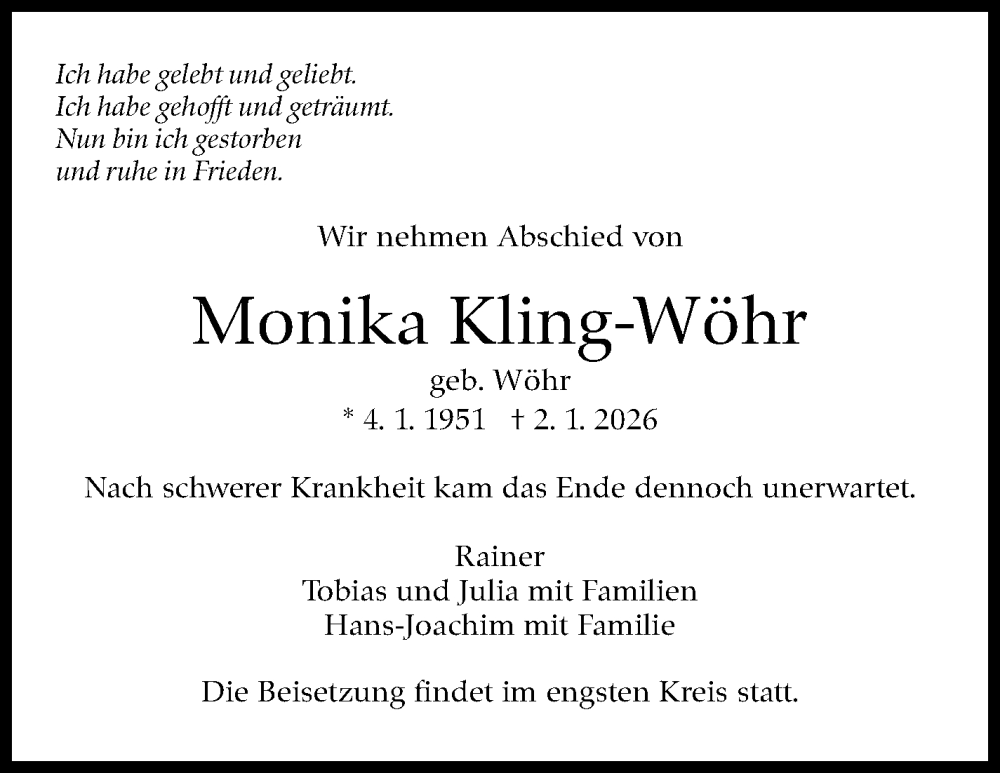  Traueranzeige für Monika Kling-Wöhr vom 15.01.2026 aus Stuttgarter Zeitung / Stuttgarter Nachrichten