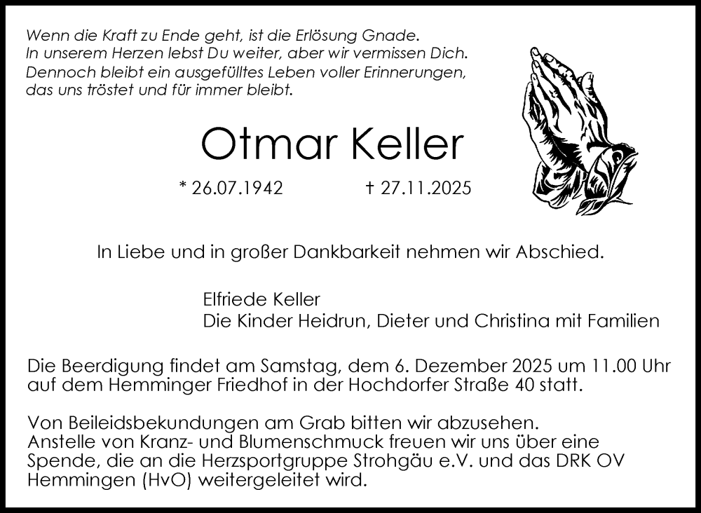  Traueranzeige für Otmar Keller vom 03.12.2025 aus Leonberger Kreiszeitung / Strohgäu Extra