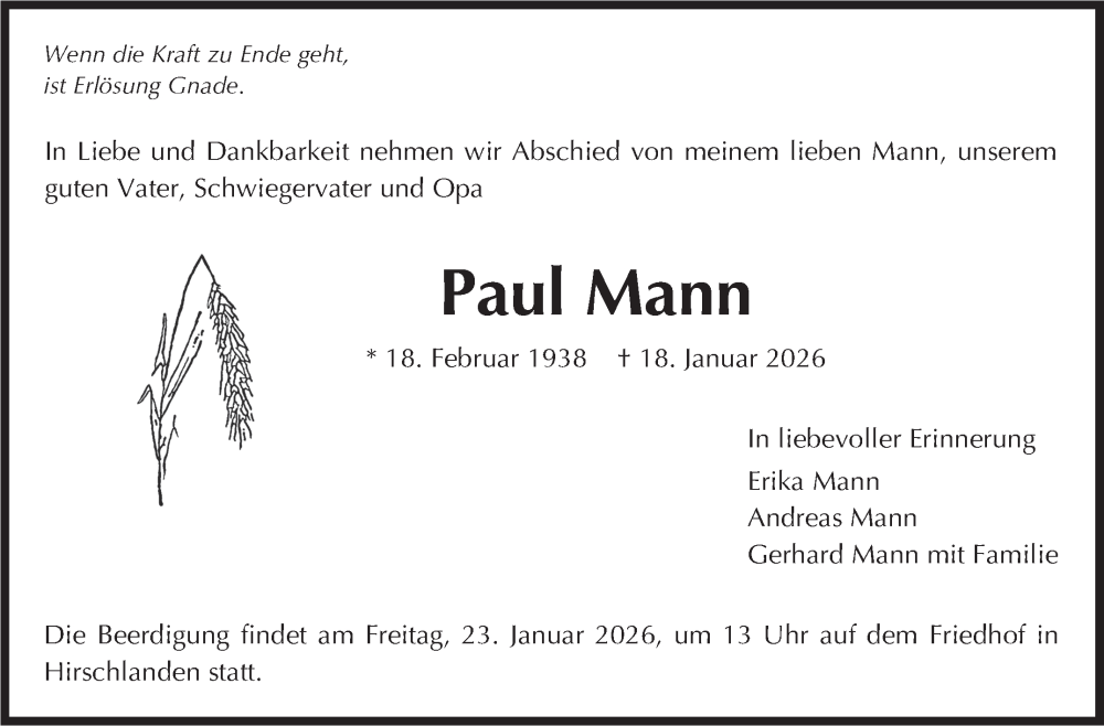  Traueranzeige für Paul Mann vom 22.01.2026 aus Leonberger Kreiszeitung / Strohgäu Extra