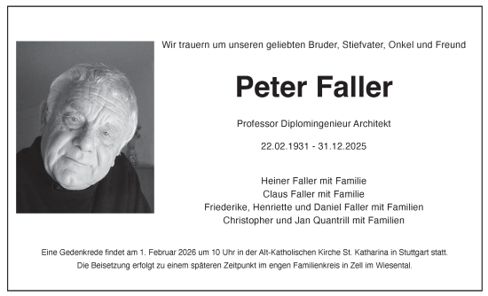 Traueranzeige von Peter Faller von Stuttgarter Zeitung / Stuttgarter Nachrichten
