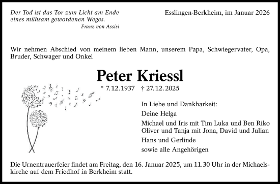 Traueranzeige von Peter Kriessl von Eßlinger Zeitung