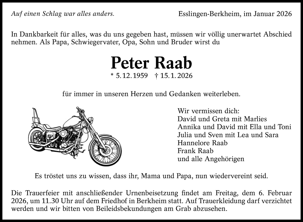  Traueranzeige für Peter Raab vom 31.01.2026 aus Eßlinger Zeitung