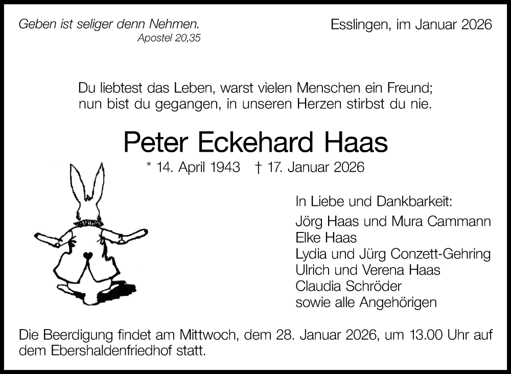  Traueranzeige für Peter Eckehard Haas vom 24.01.2026 aus Eßlinger Zeitung