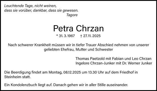 Traueranzeige von Petra Chrzan von Marbacher Zeitung