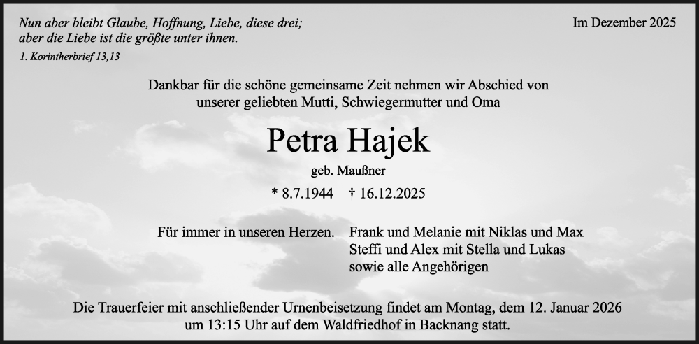  Traueranzeige für Petra Hajek vom 05.01.2026 aus Stuttgarter Zeitung / Stuttgarter Nachrichten