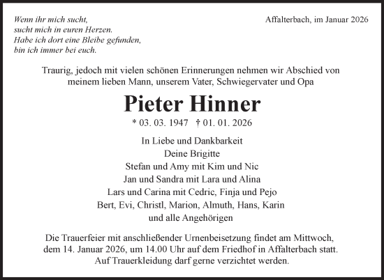 Traueranzeige von Pieter Hinner von Marbacher Zeitung